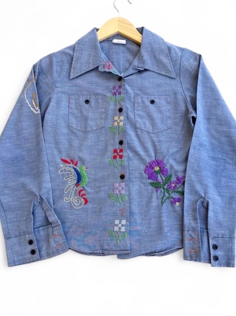 Vintage 70s Blue Chambray Floral Embroidered Western Shirt